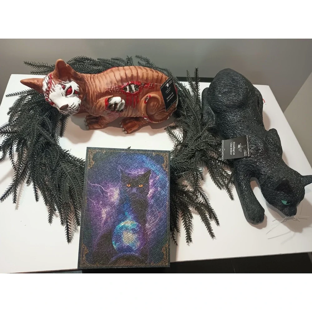 Ashland Halloween Cat Decor Lot Zombie Sphynx Prowling Black Cat Wreath Sign NEW